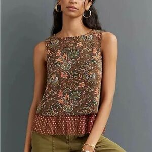 Anthropologie Eva Franco S Brown Jacquard Tulle Boho Feminine Sleeveless Top